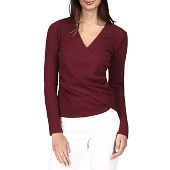 NWT MICHAEL Michael Kors Waffle Faux Wrap Long Sleeve Top in Dark Ruby - Picture 1 of 4